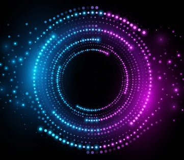 Digital circles of glowing dots. Big Data visualization into cyberspace with swirl energy. Disintegration of information particles in the network. Futuristic background. Vector.